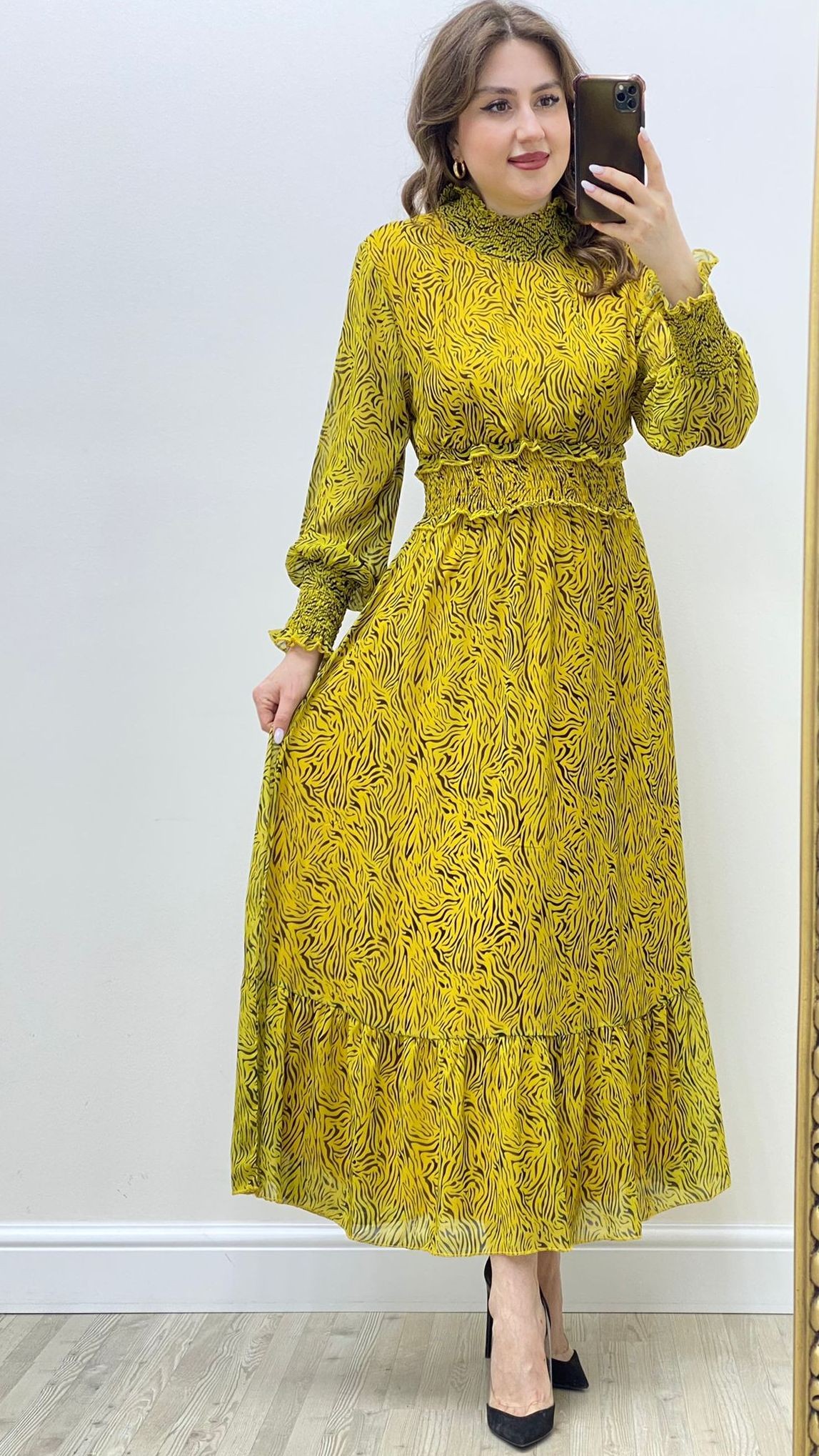 Gipeli Zebra Şifon Elbise Sarı