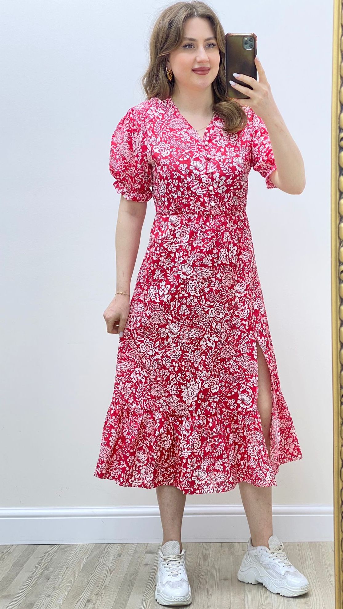 Yırtmaçlı Poplin Elbise Kırmızı