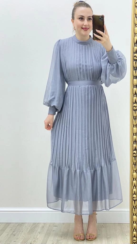 Organze Pileli Şifon Elbise Gümüş