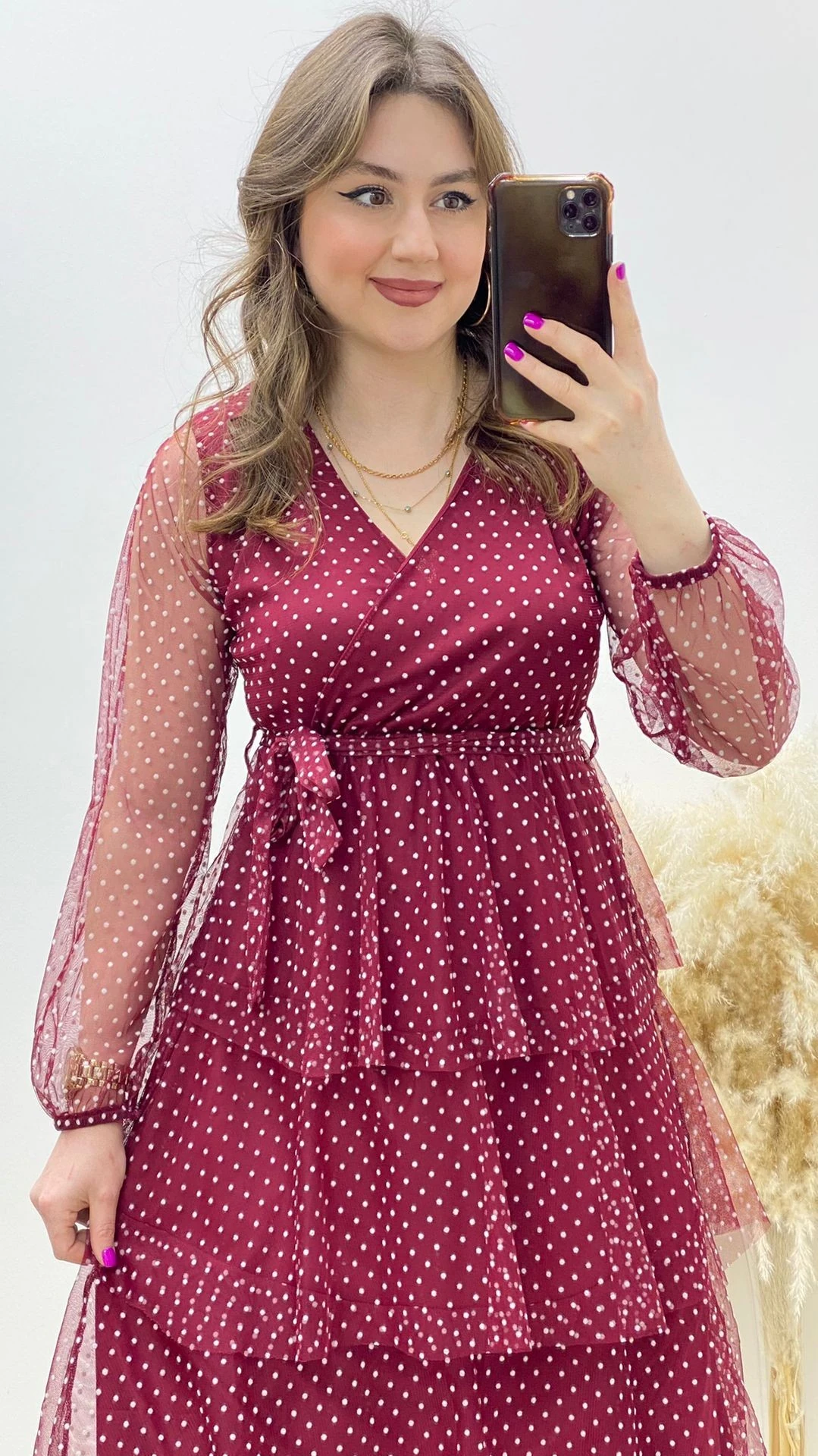 Katlı Puan Baskı Elbise Bordo