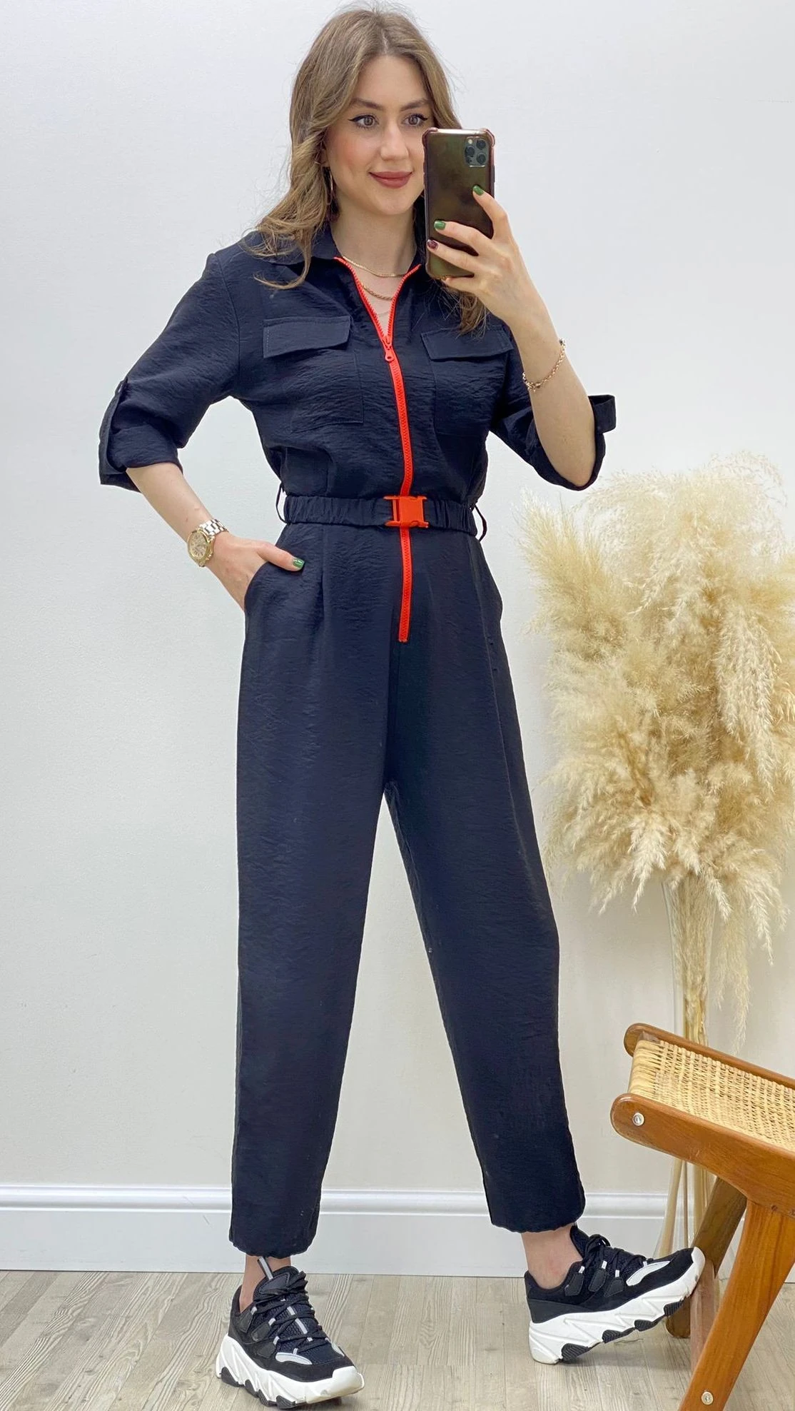 Neon Fermuarlı Tulum Siyah