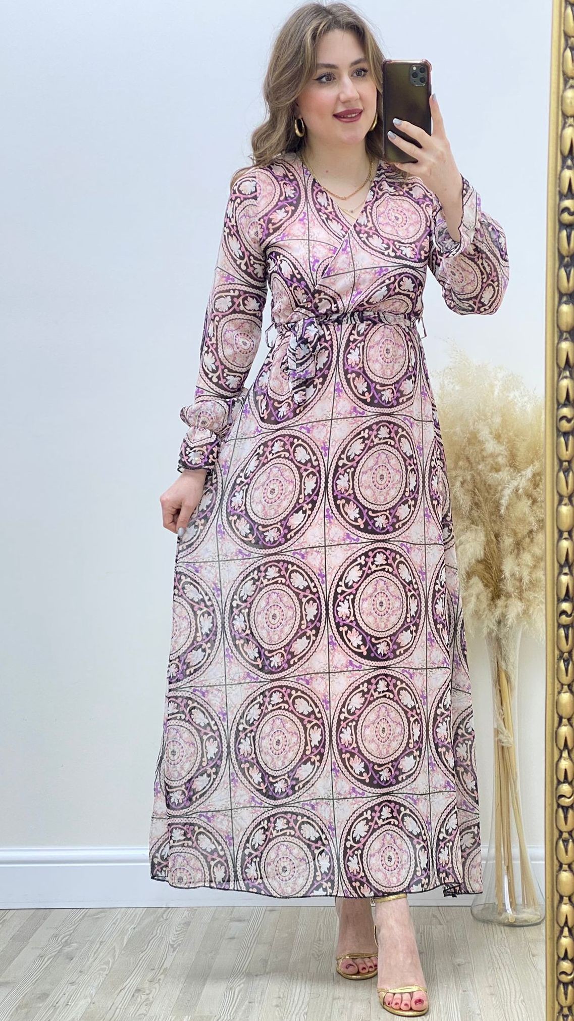 Çember Motifli Şifon Elbise Lila