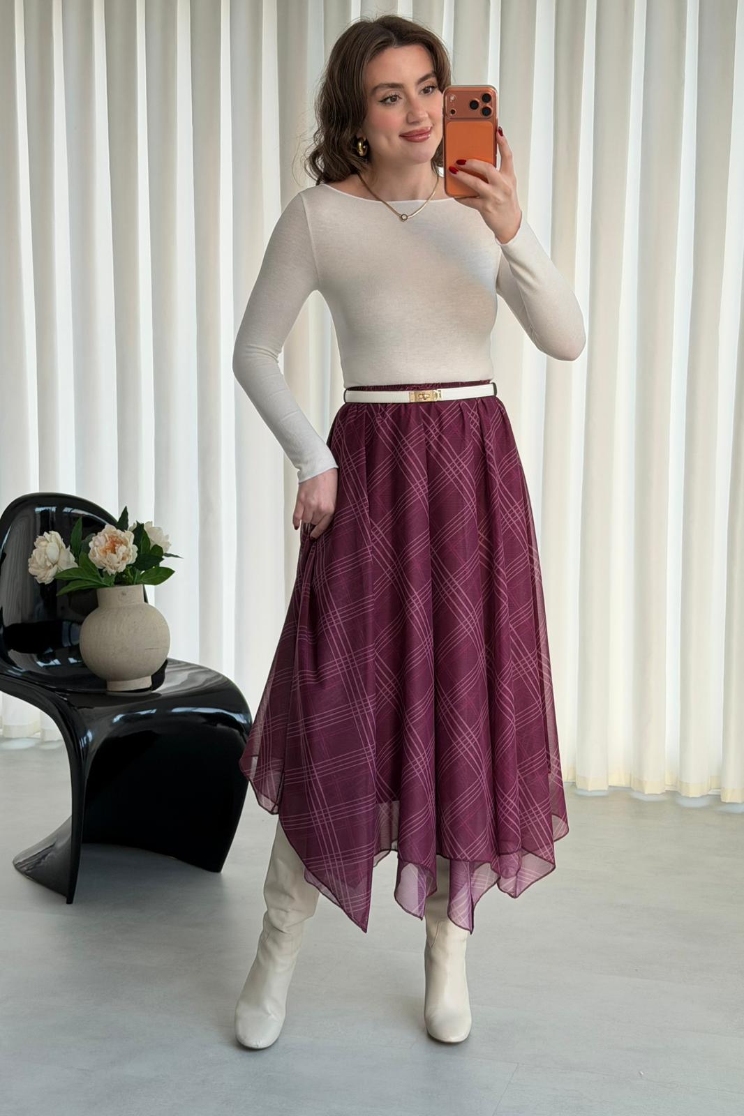 Dilimli Ekose Etek - Bordo