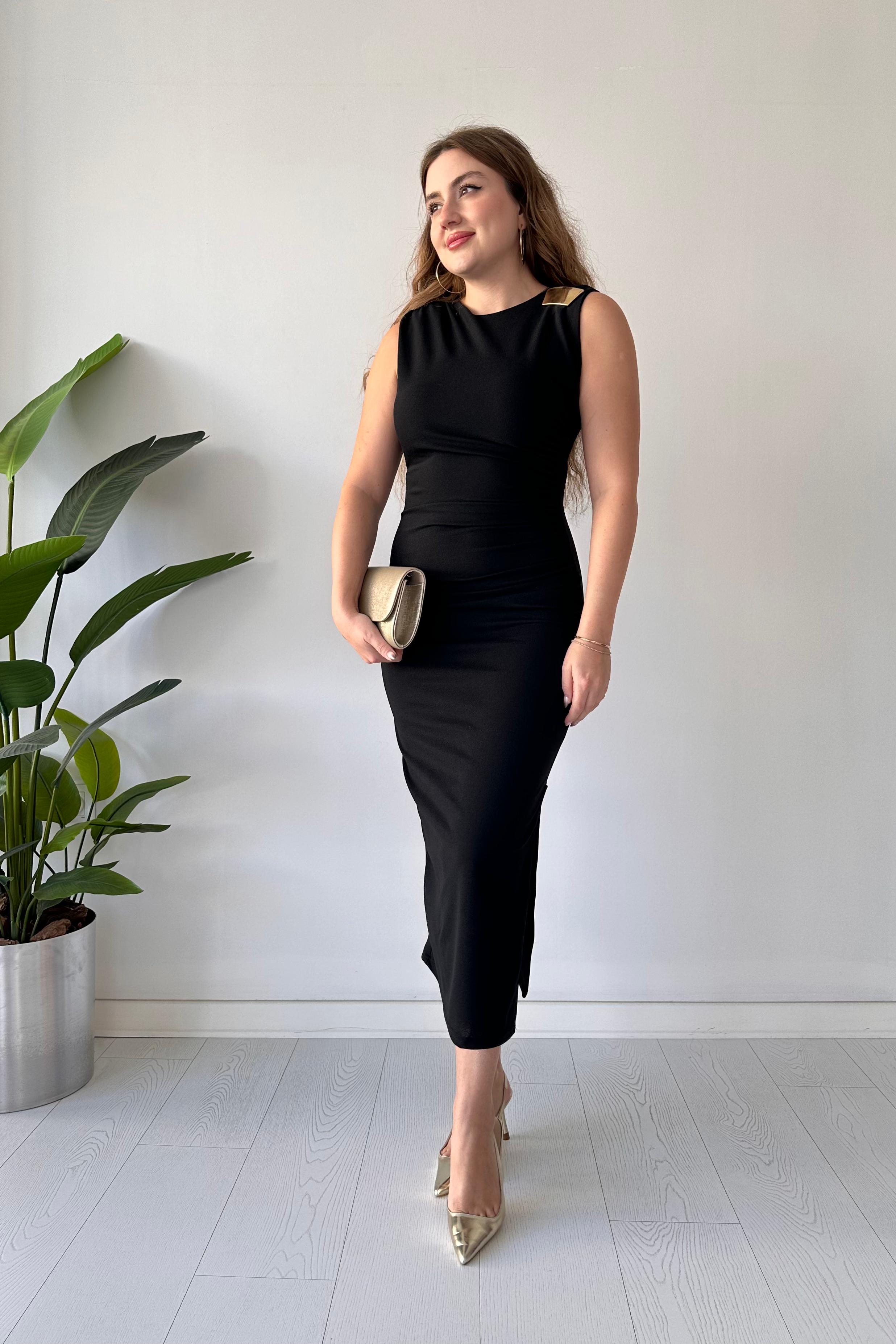 Omuz Tokalı Krep Elbise