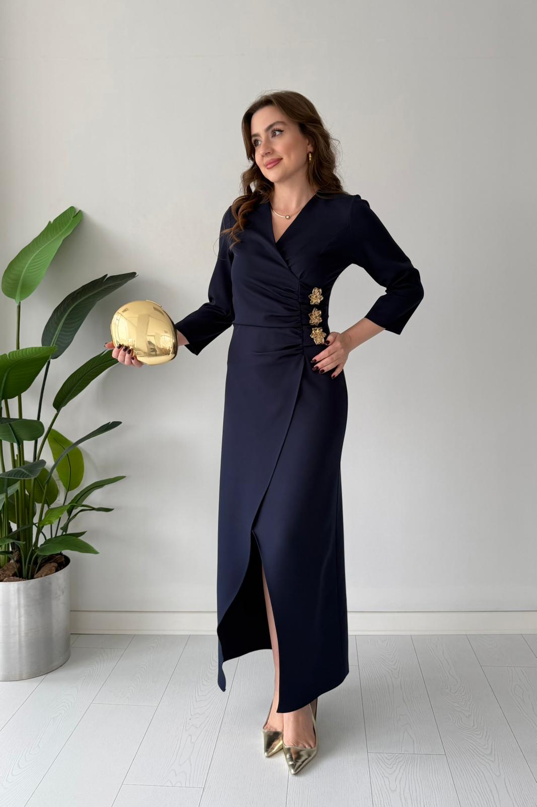 Üç Tokalı Kruvaze Elbise - Lacivert