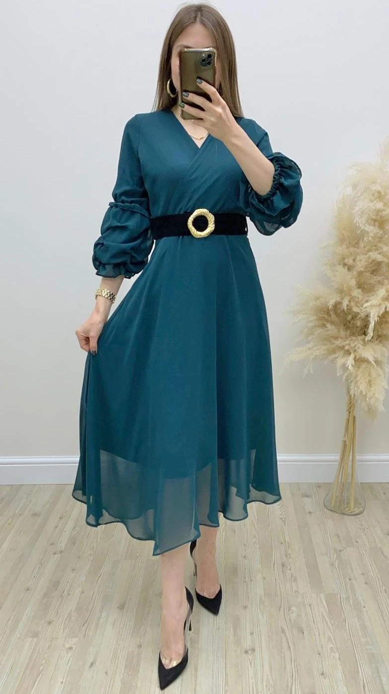 Süet Kemerli Midi Boy Şifon Elbise Petrol