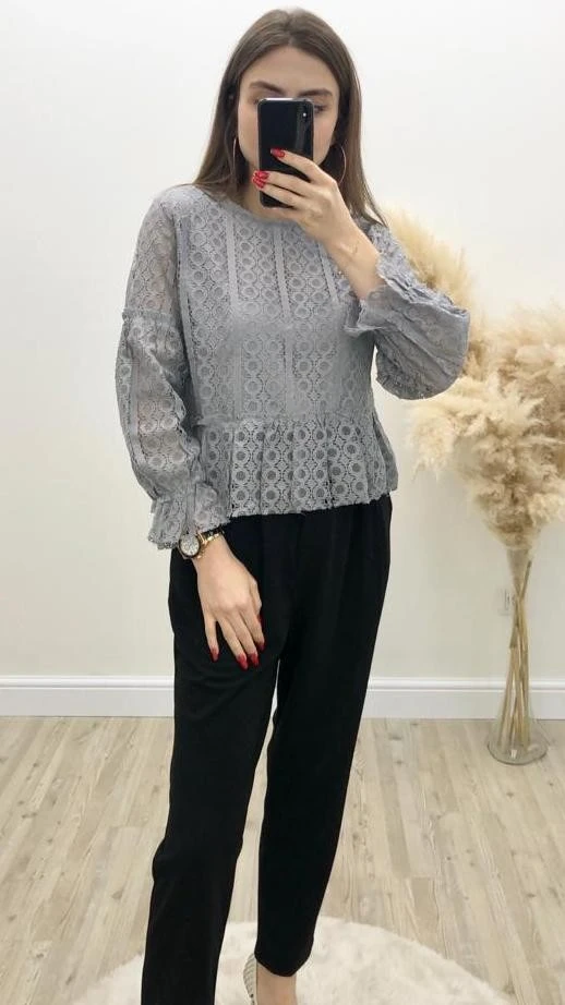 Omuz Detay Fistolu Bluz Gri