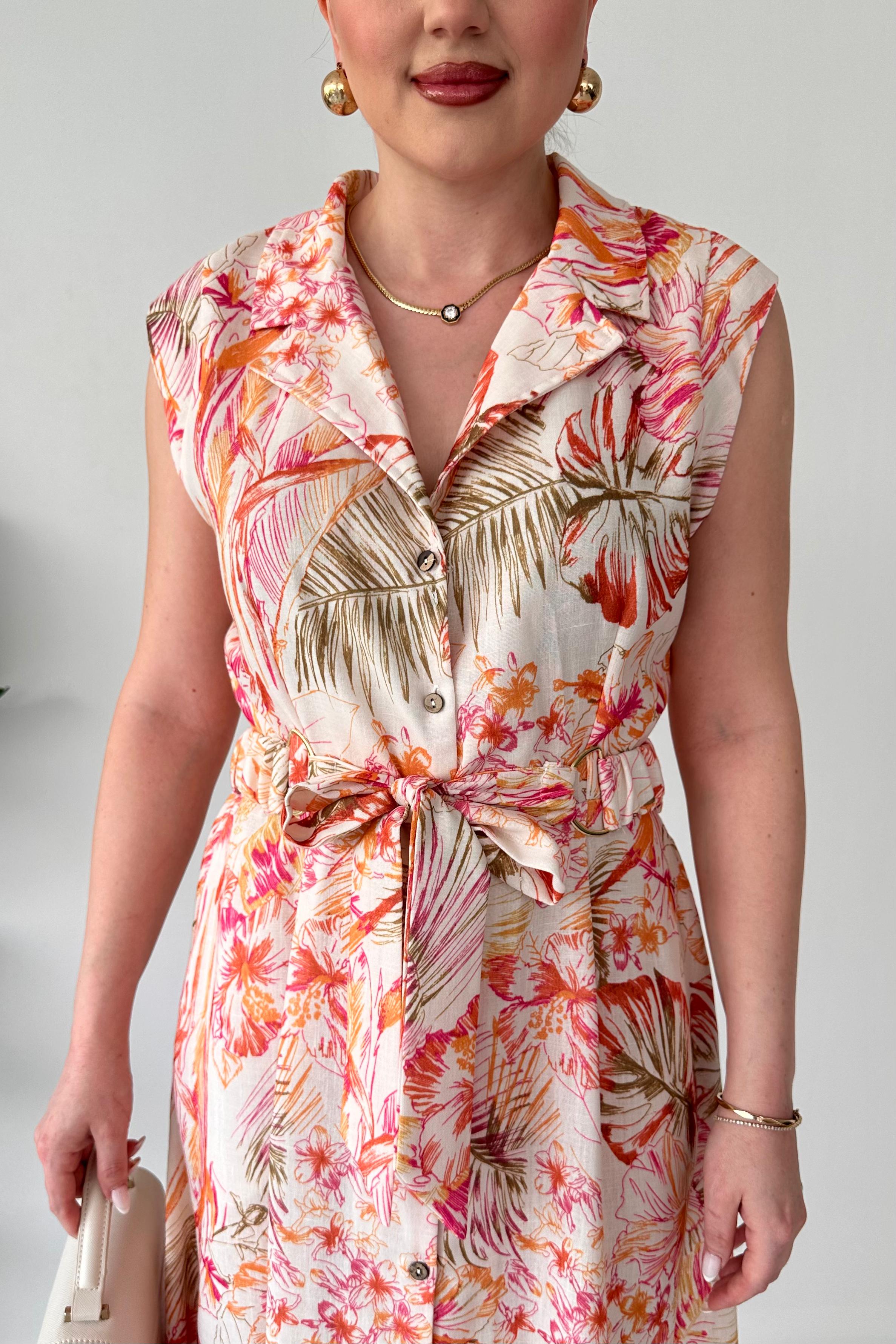 Floral Keten Elbise