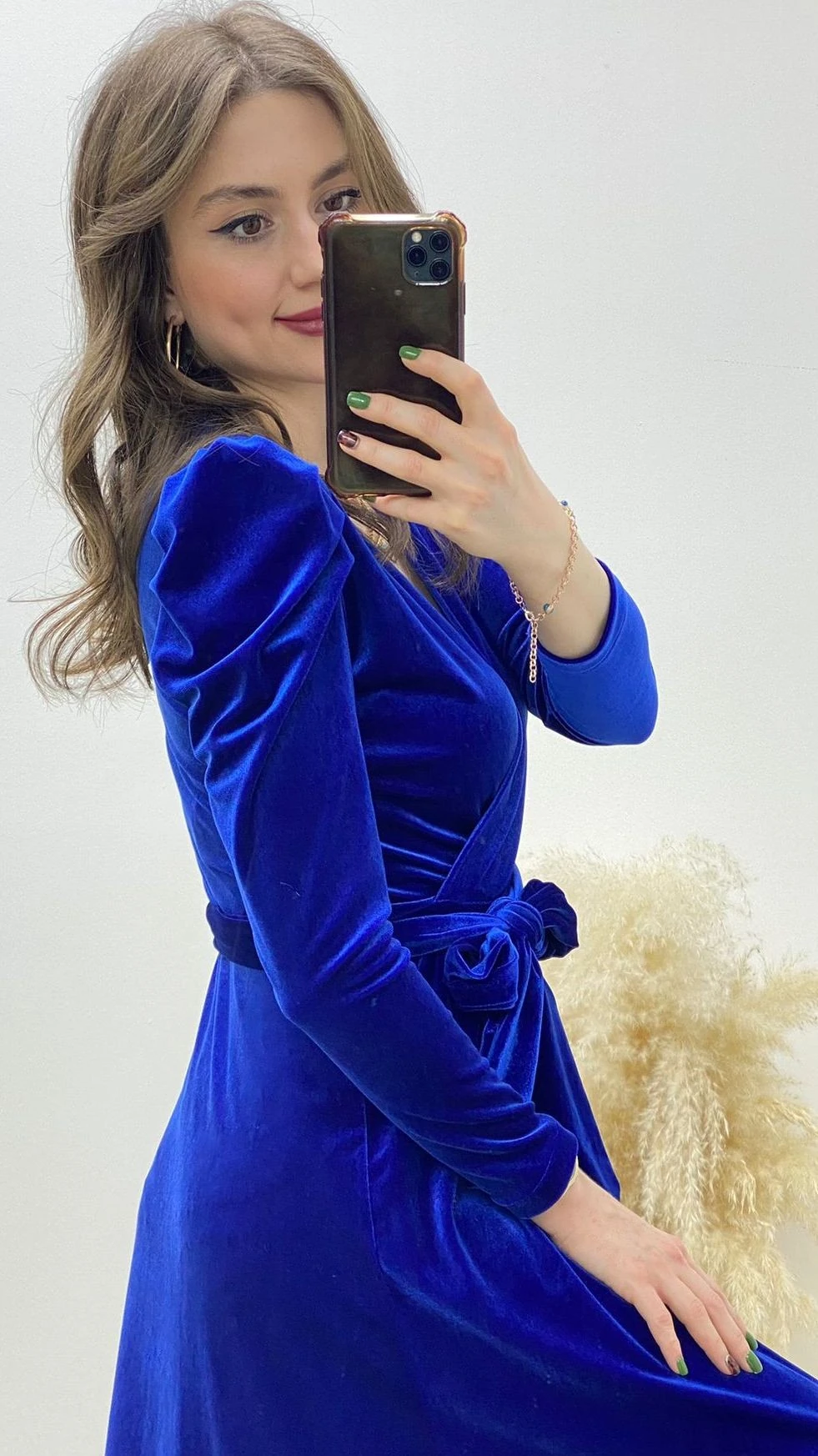 Karpuz Kol Kadife Elbise Saks Mavi