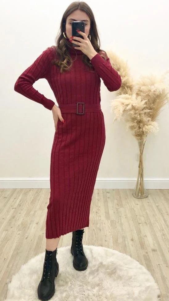 Boğazlı Fitilli Triko Elbise Bordo