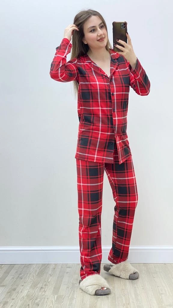 Ekoseli Pijama Takımı Kırmızı