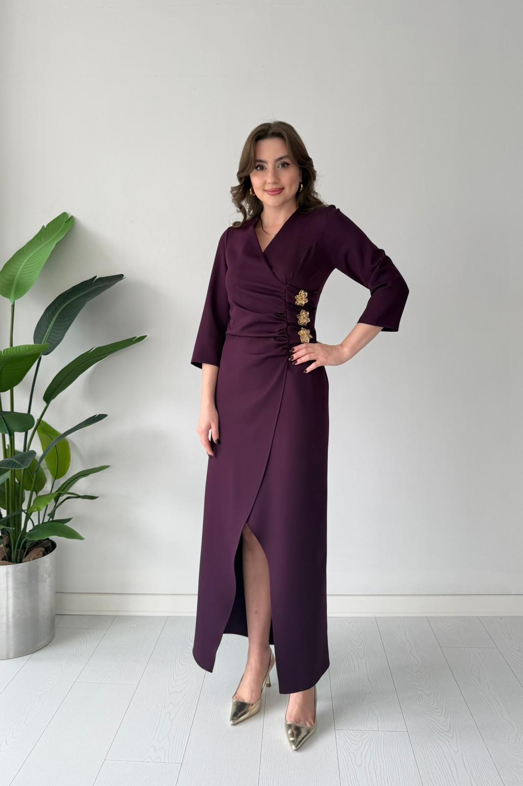 Üç Tokalı Kruvaze Elbise - Mürdüm