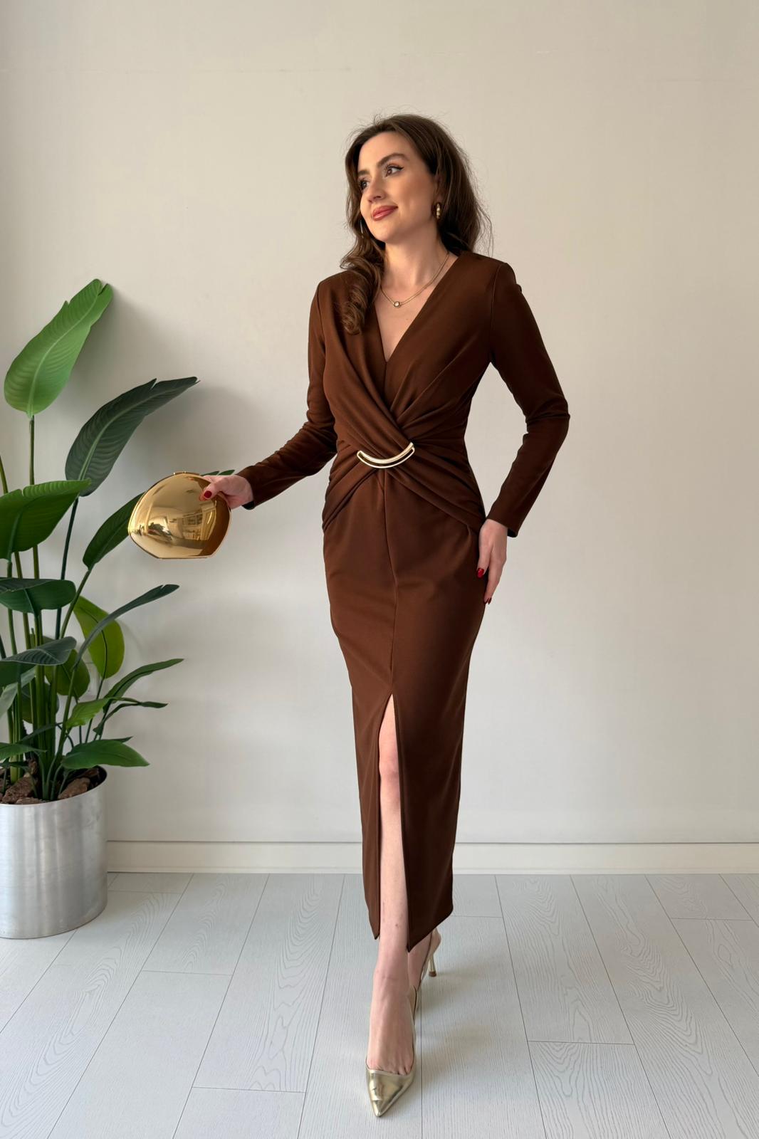 Hilal Tokalı Krep Elbise - Kahve