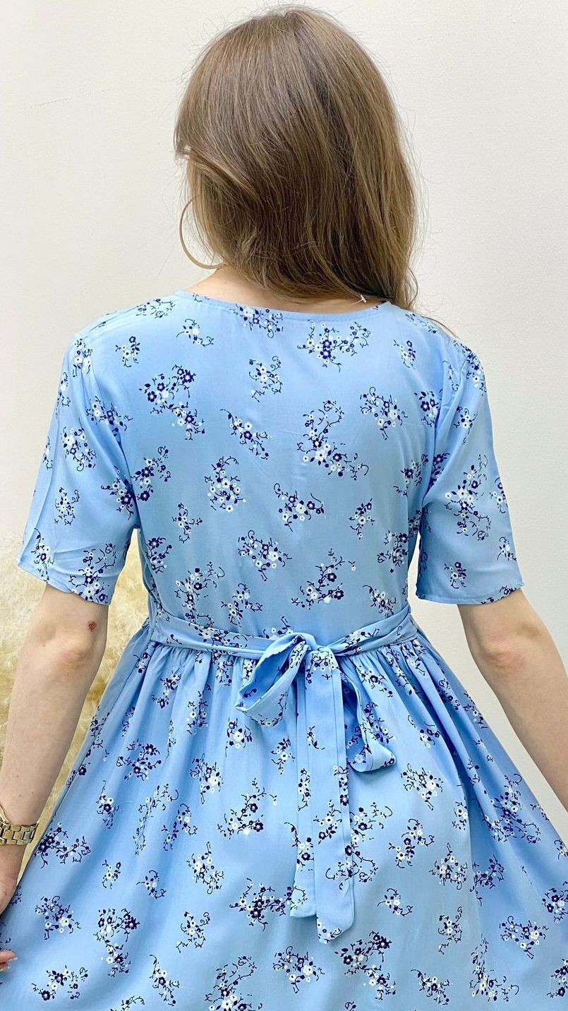 Kır Papatyalı Viskon Elbise Mavi