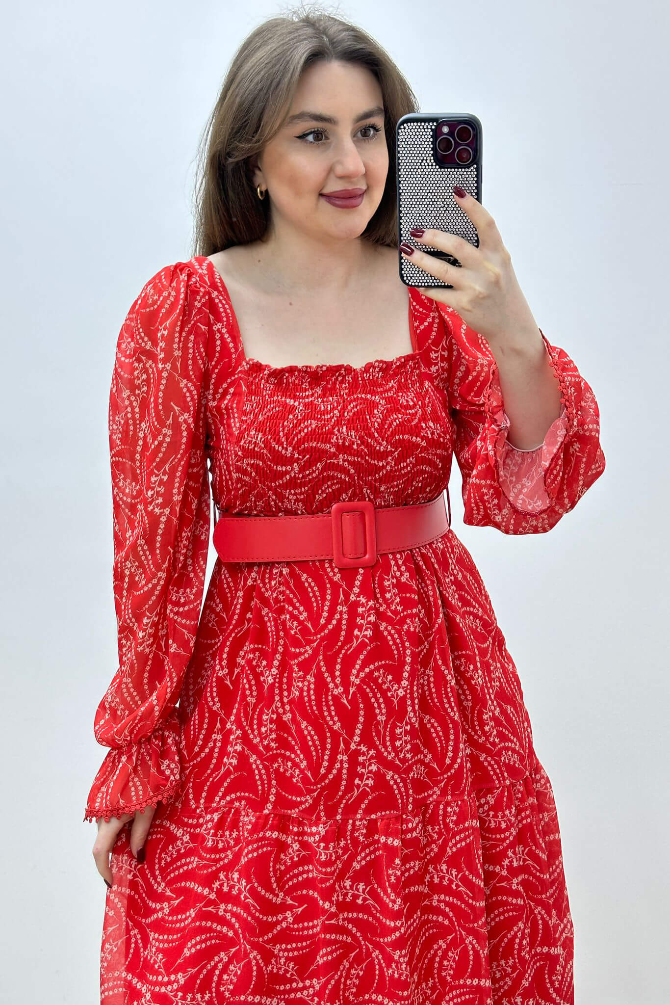 Gipeli Tomurcuk Şifon Elbise Nar Çiceği