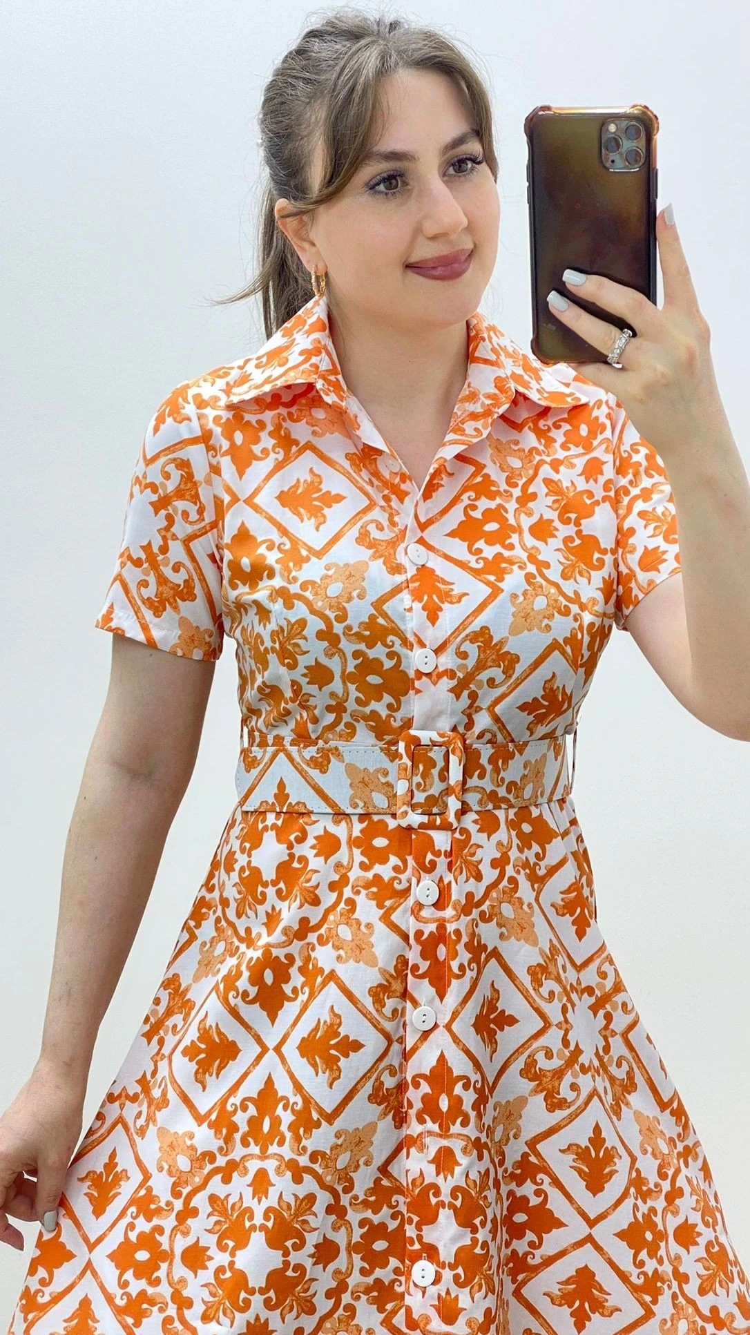 Etnik Poplin Gömlek Elbise Turuncu