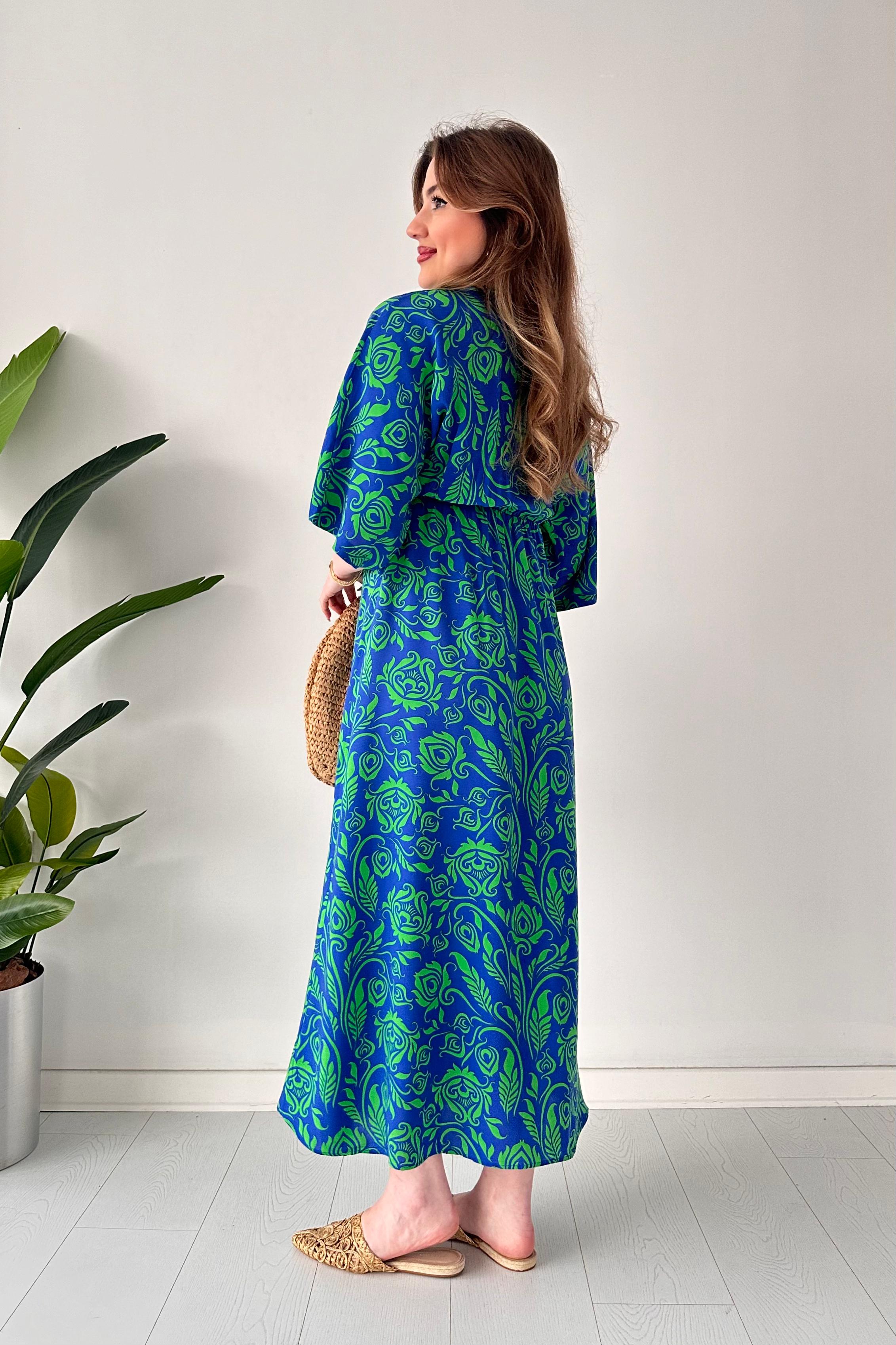 Yırtmaçlı Yarasa Kol Viskon Elbise Saks Mavisi