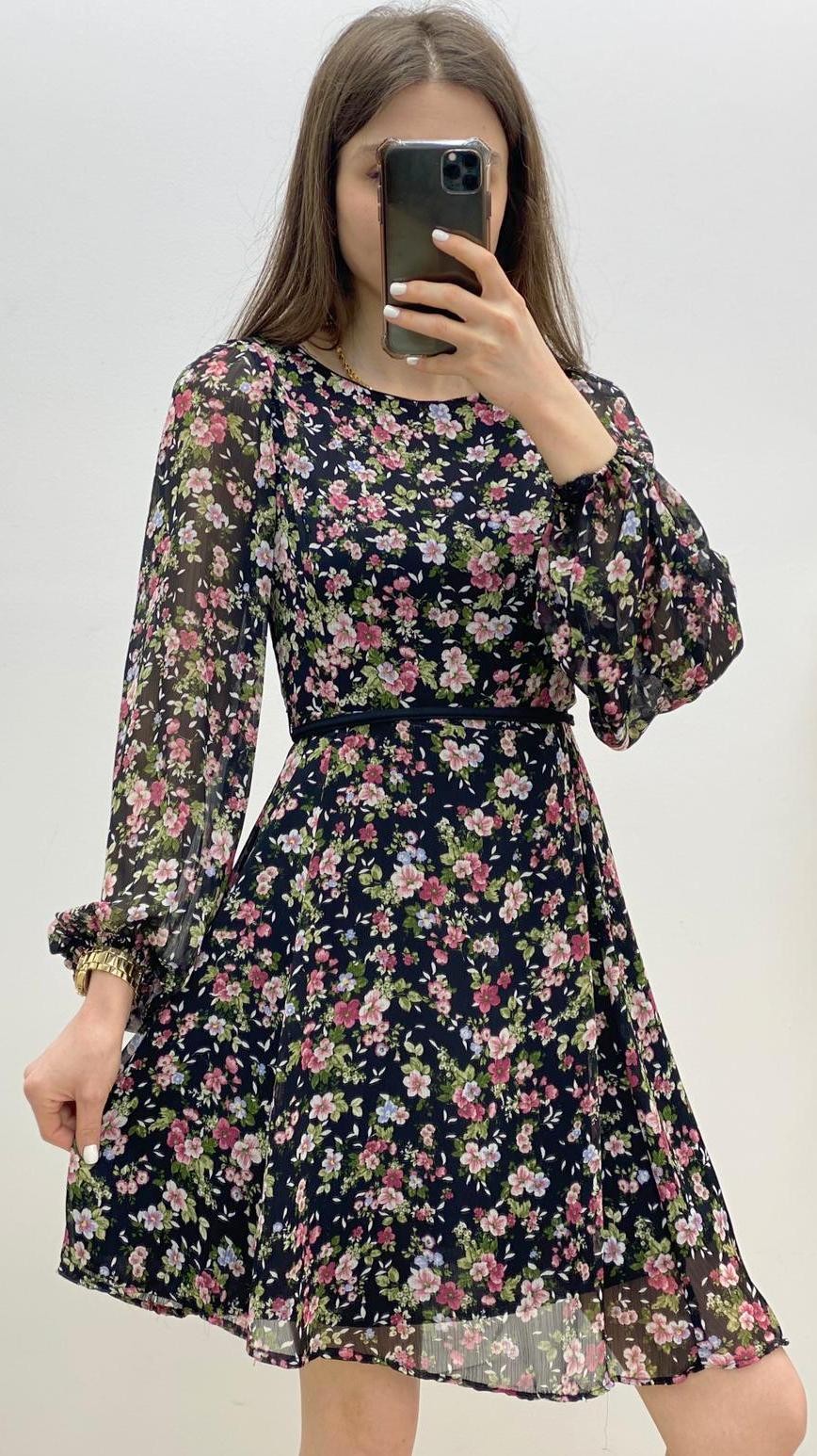 Minik Çiçekli Kuşaklı Şifon Elbise Siyah