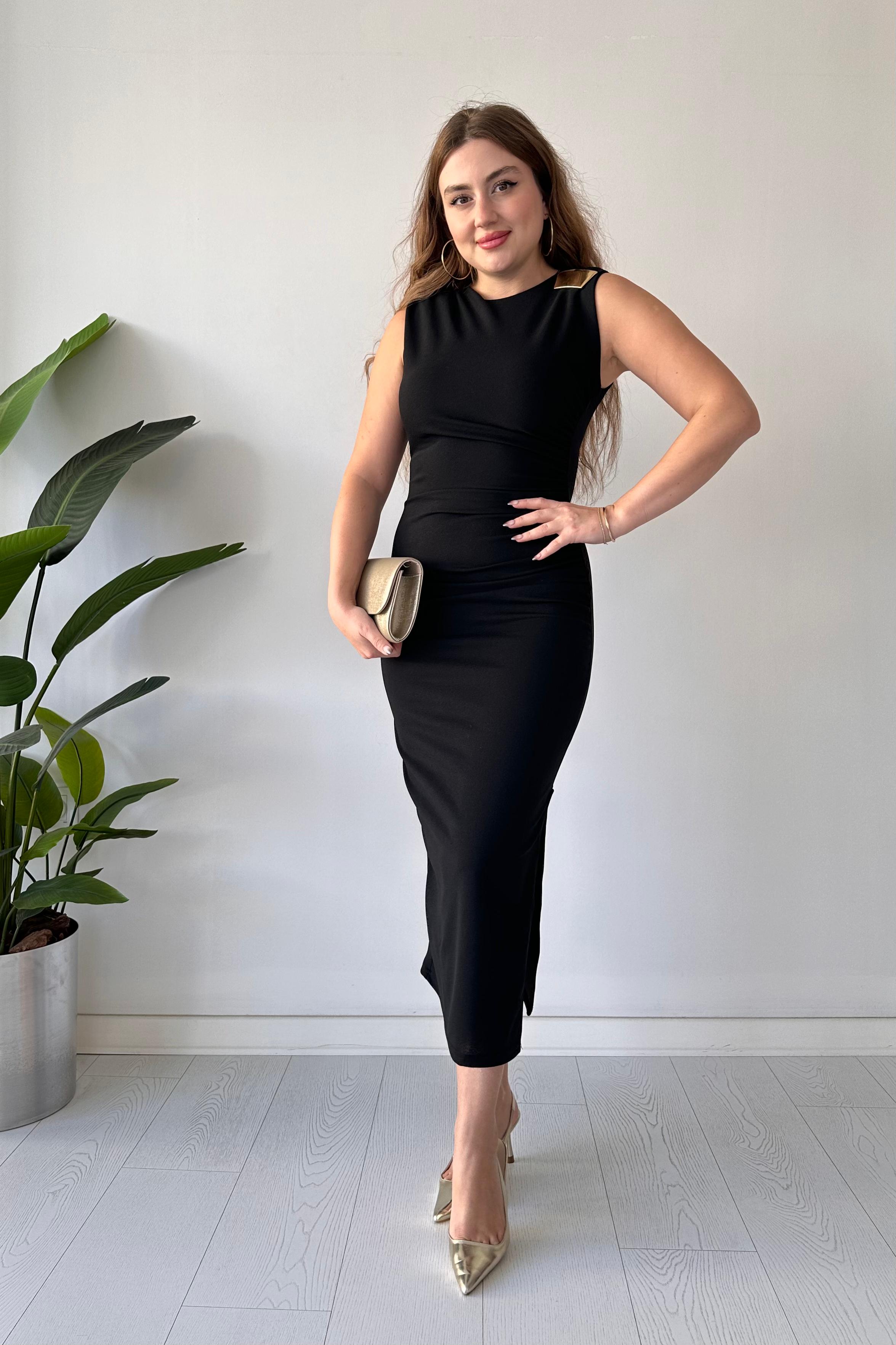 Omuz Tokalı Krep Elbise