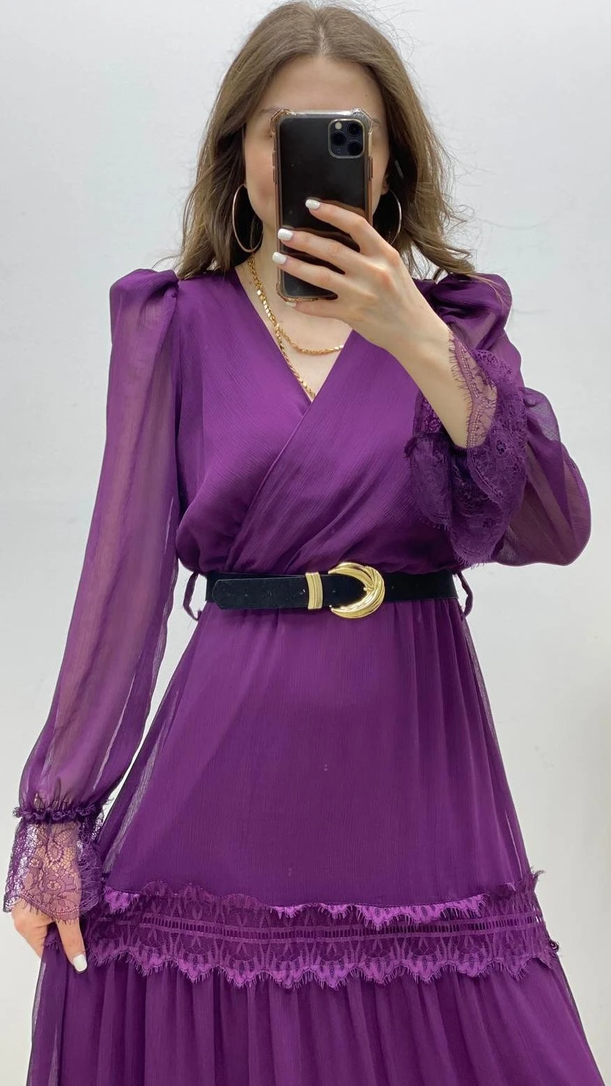 Kruvaze Kemerli Dantelli Şifon Elbise Mürdüm