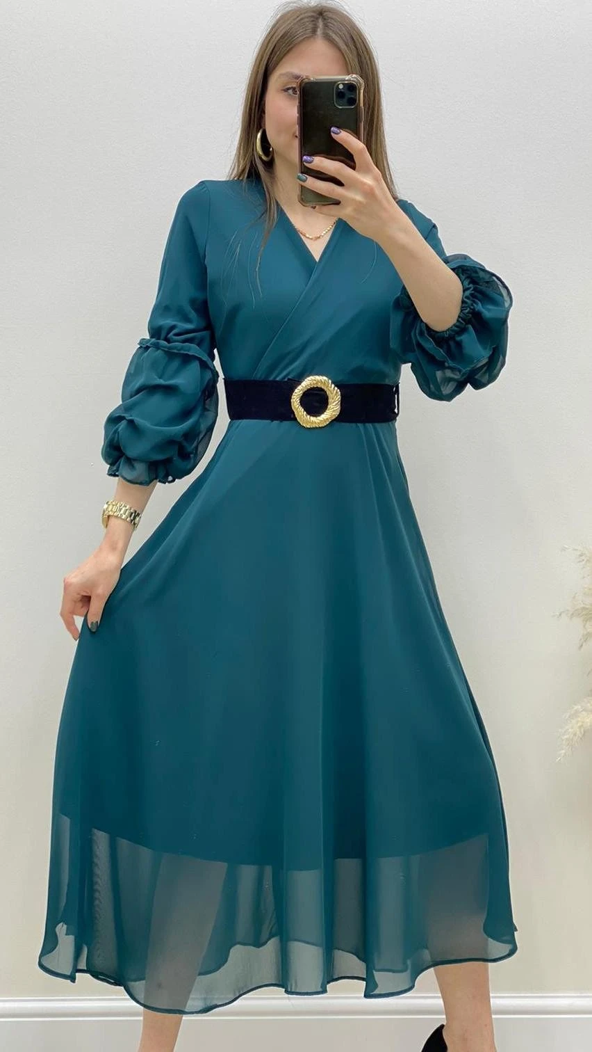 Süet Kemerli Midi Boy Şifon Elbise Petrol