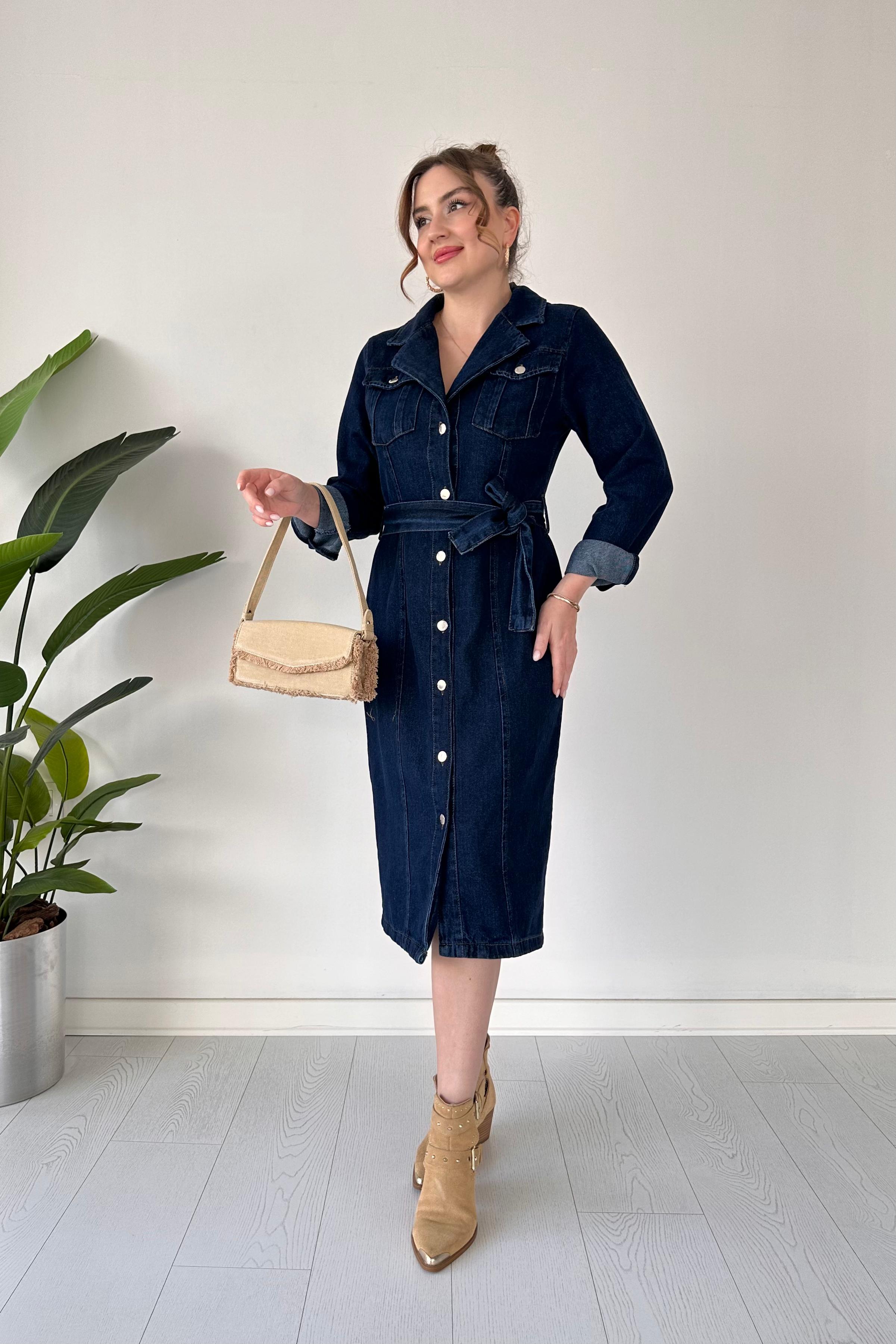 Ceket Yaka Denim Elbise