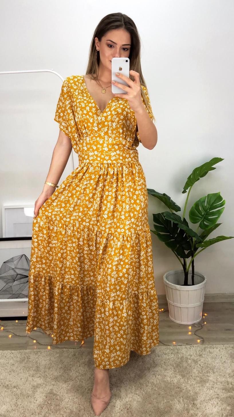 V Yaka Çiçekli Viskon Elbise-Sarı