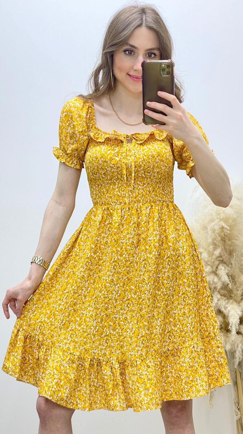 Kısa Kol Çıtır Desen Gipeli Kloş Elbise Sarı