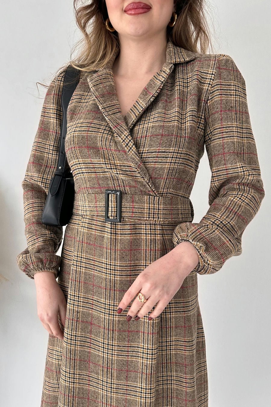 Kruvaze Kaşe Elbise Kahve