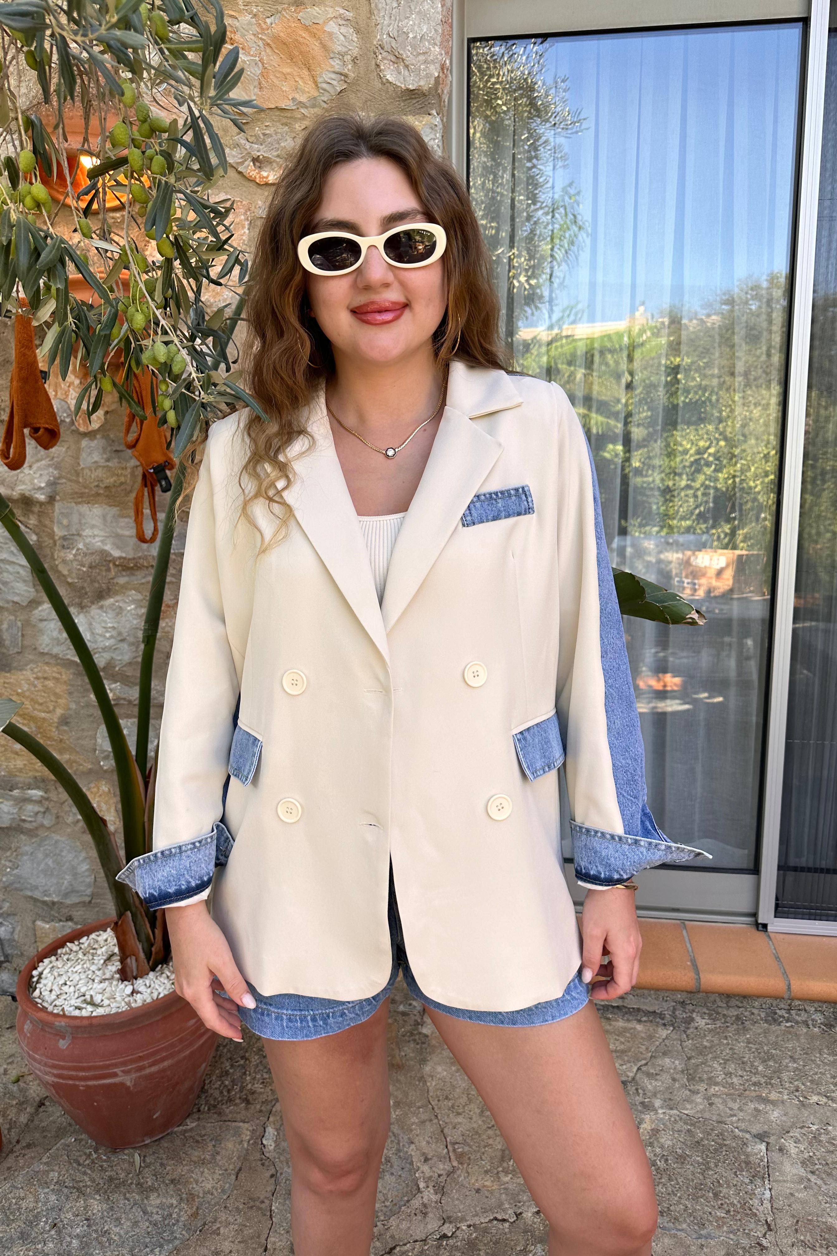 Cep Detaylı Denim Blazer