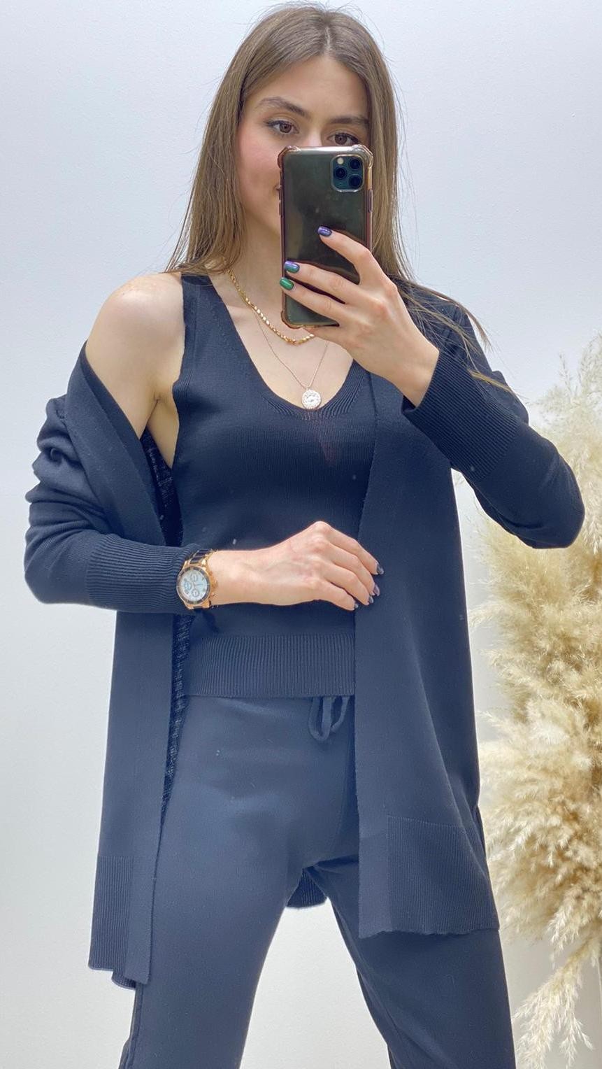 Saç Örgülü Üçlü Triko Takım Siyah