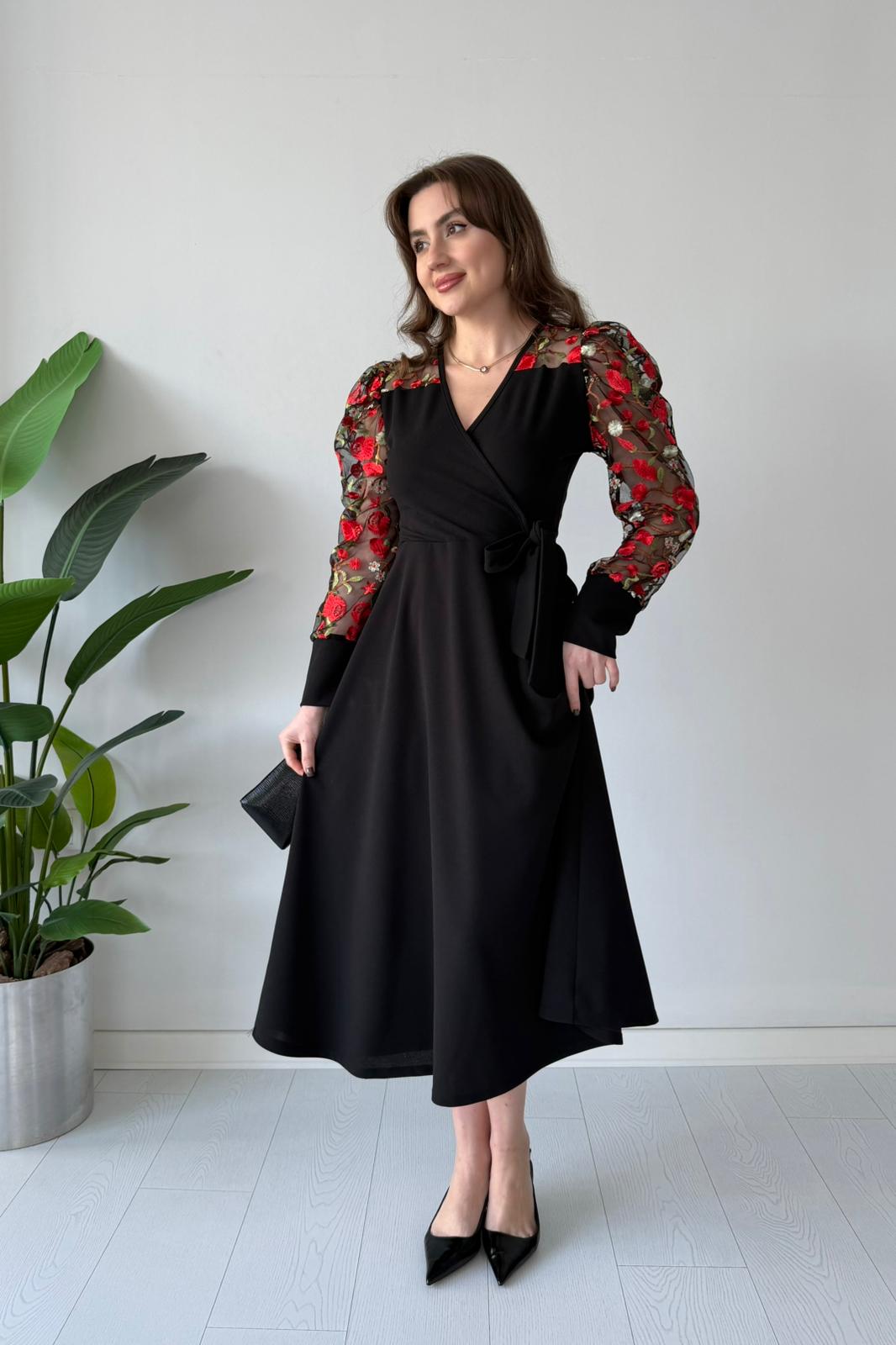 Organze Nakışlı Krep Elbise