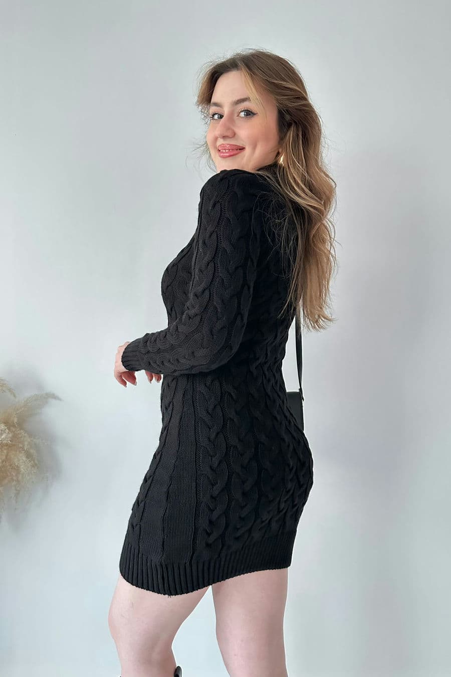 Saç Örgü Fermuar Detaylı Triko Elbise