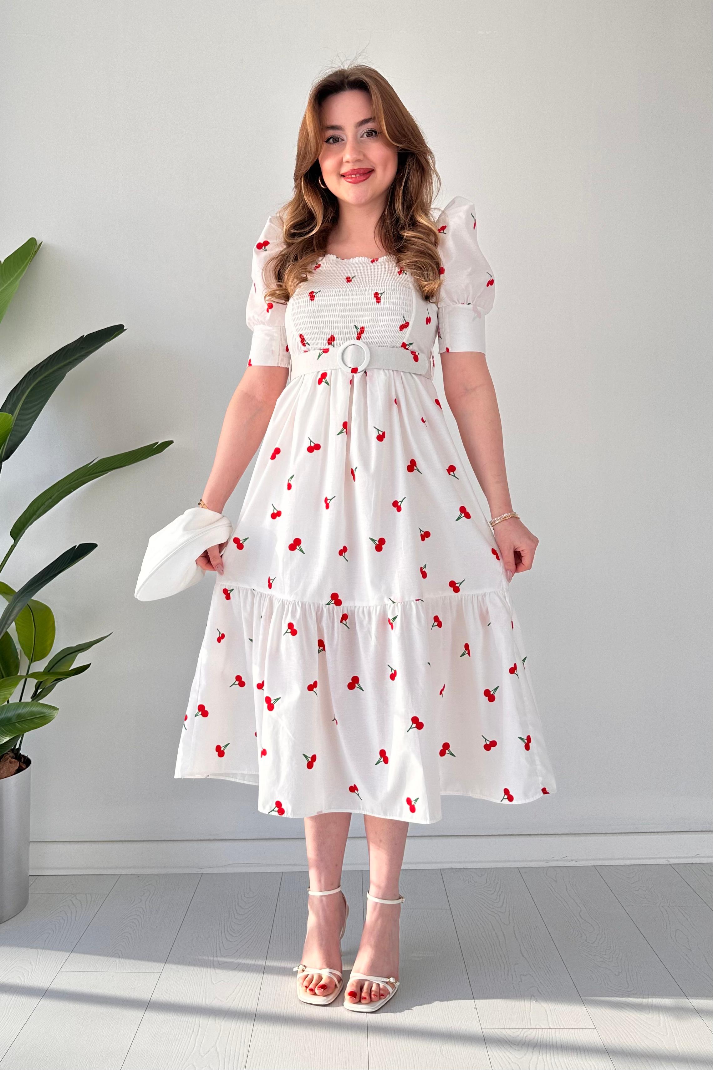 Kirazlı Astarlı Poplin Elbise