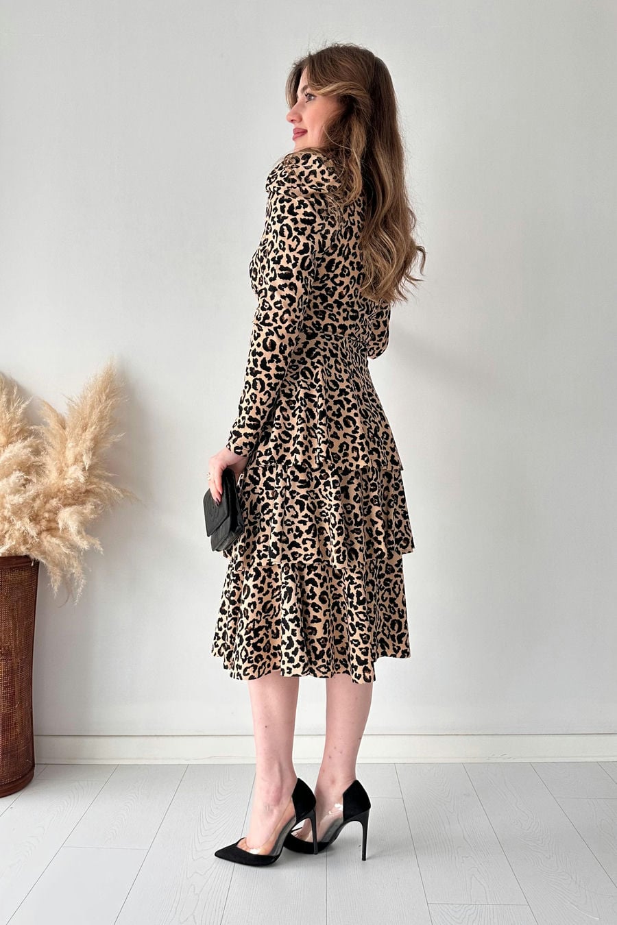 Katlı Leopar Krep Elbise