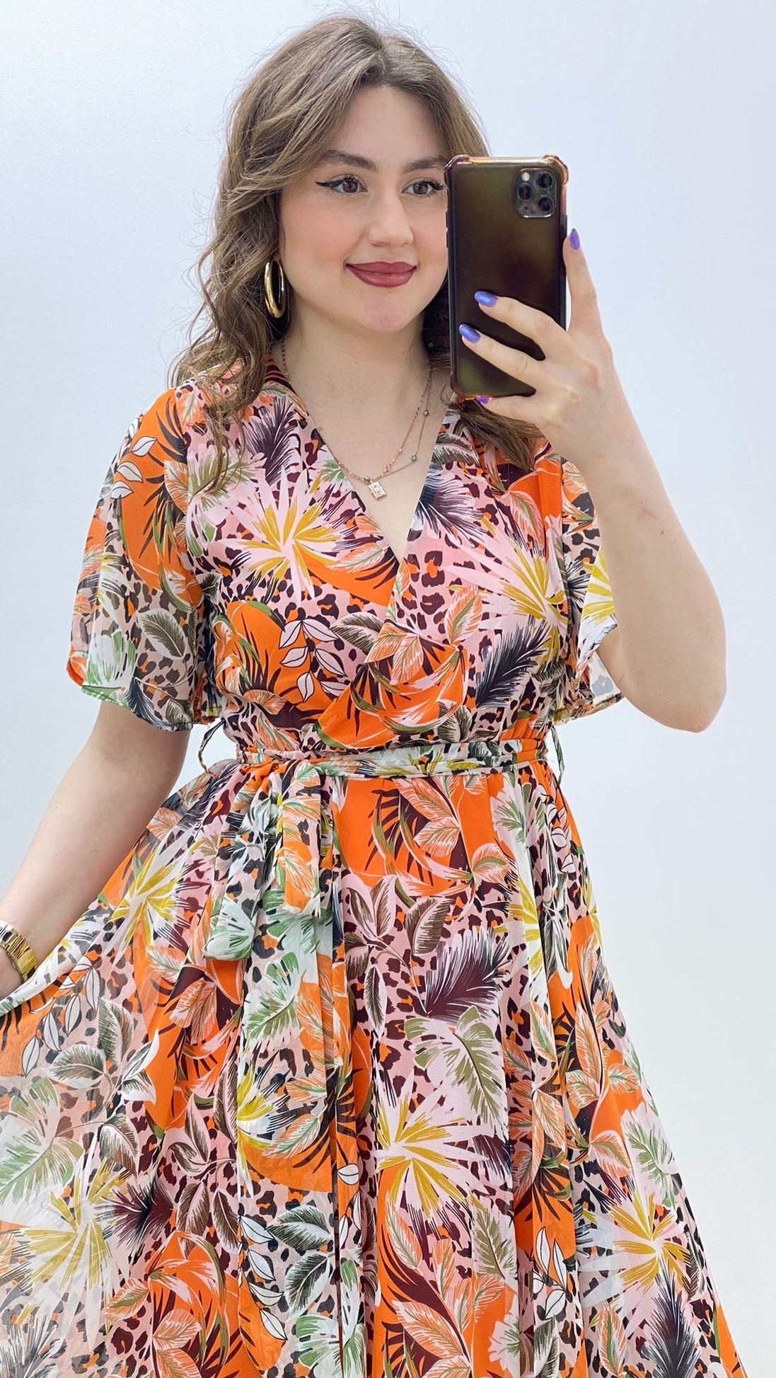 Kısa Kollu Şifon Elbise Turuncu