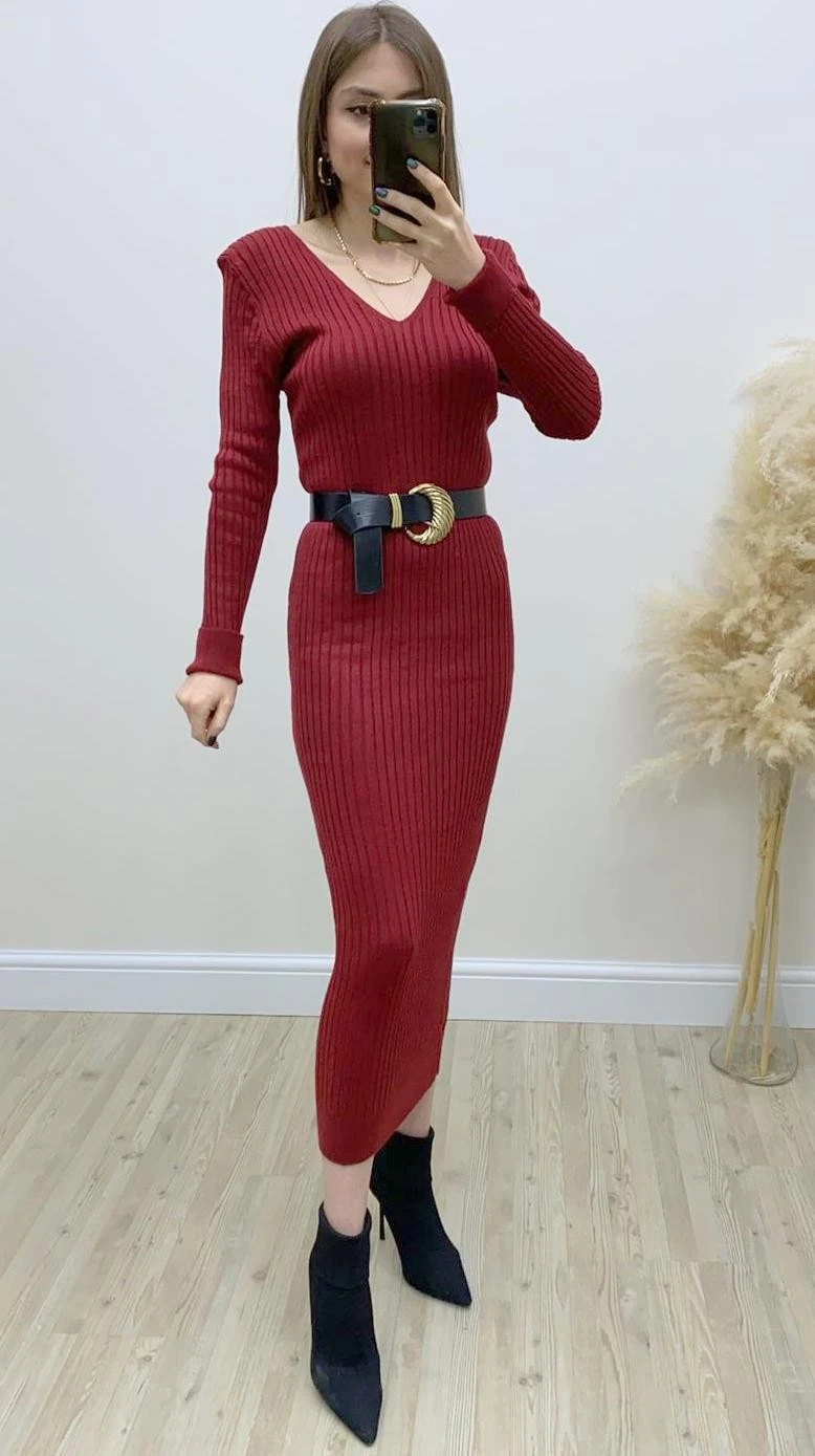 V Yaka Fitilli Triko Elbise Bordo