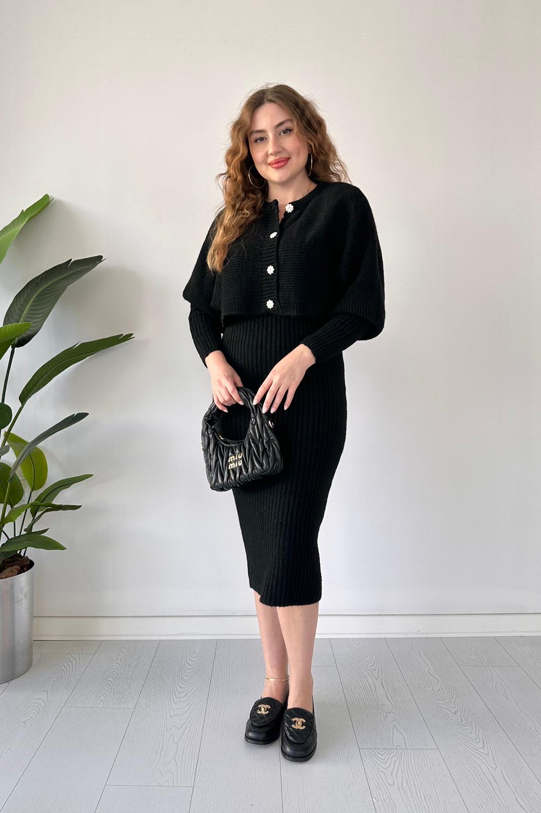 Taş Düğmeli Hırka-Elbise Takım - Siyah