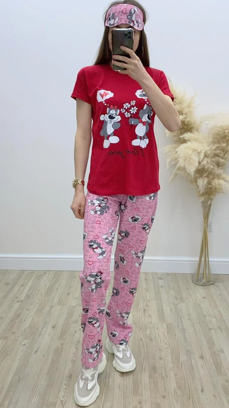 Kedili Pijama Takımı Pembe
