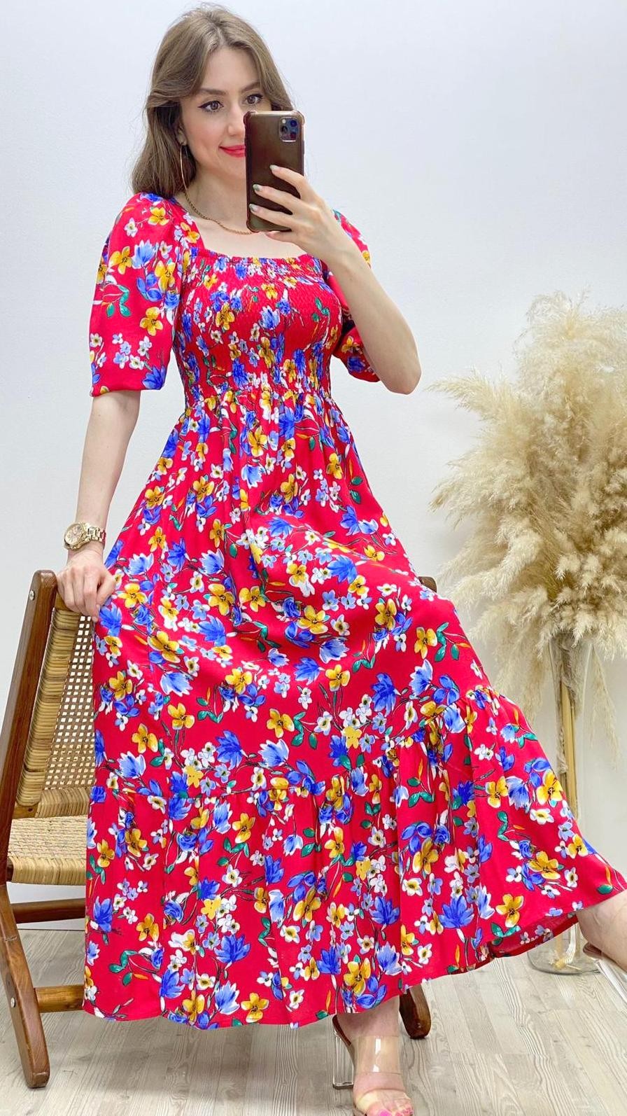 Mavi Çiçekli Gipeli Viskon Elbise Kırmızı