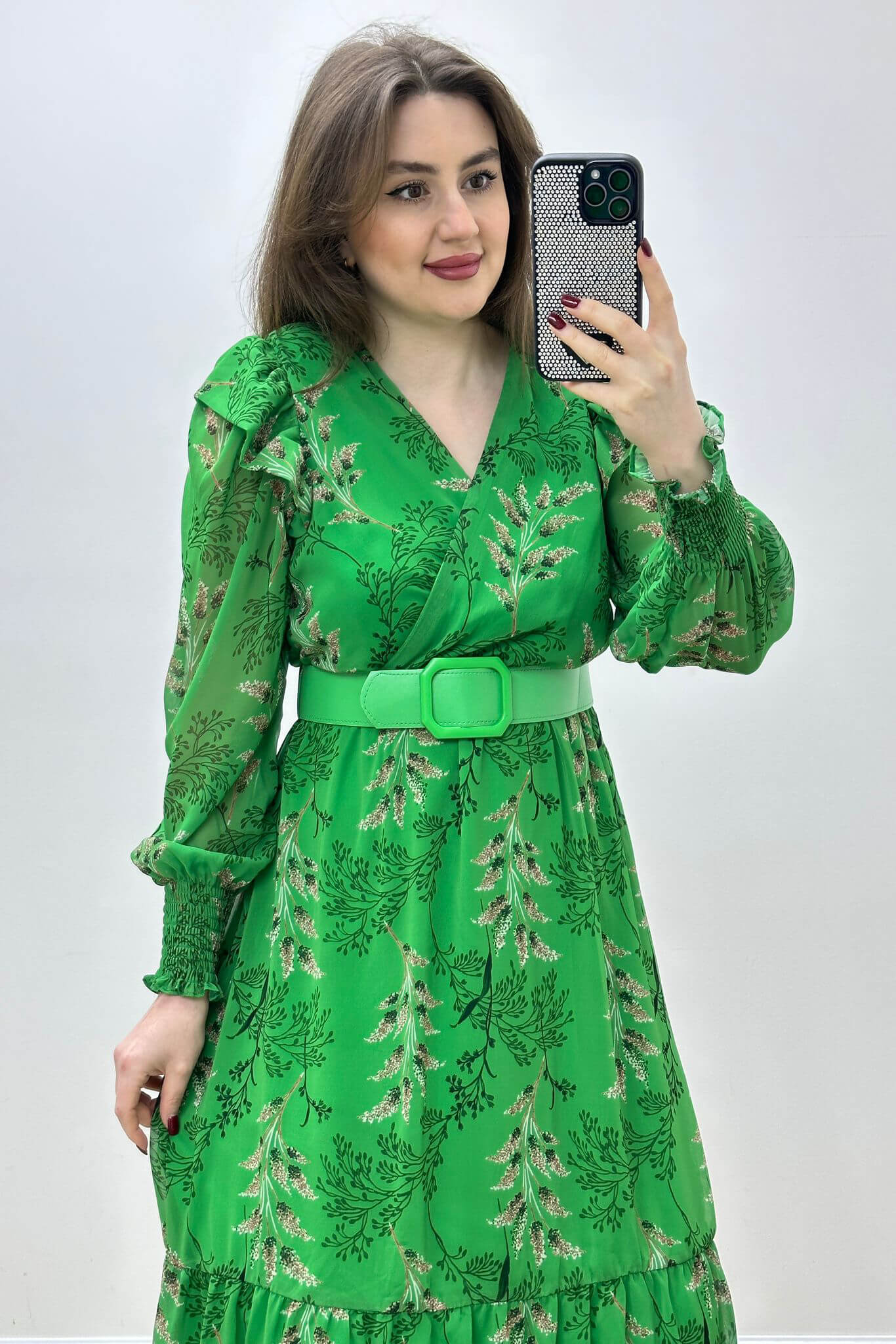 Leylak Desen Şifon Elbise Yeşil