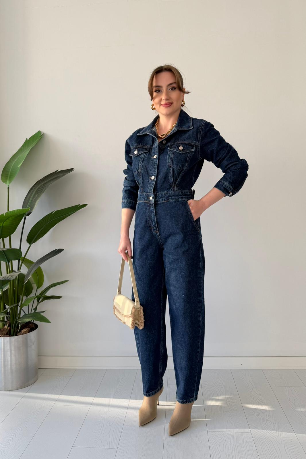 Uzun Denim Tulum - Lacivert