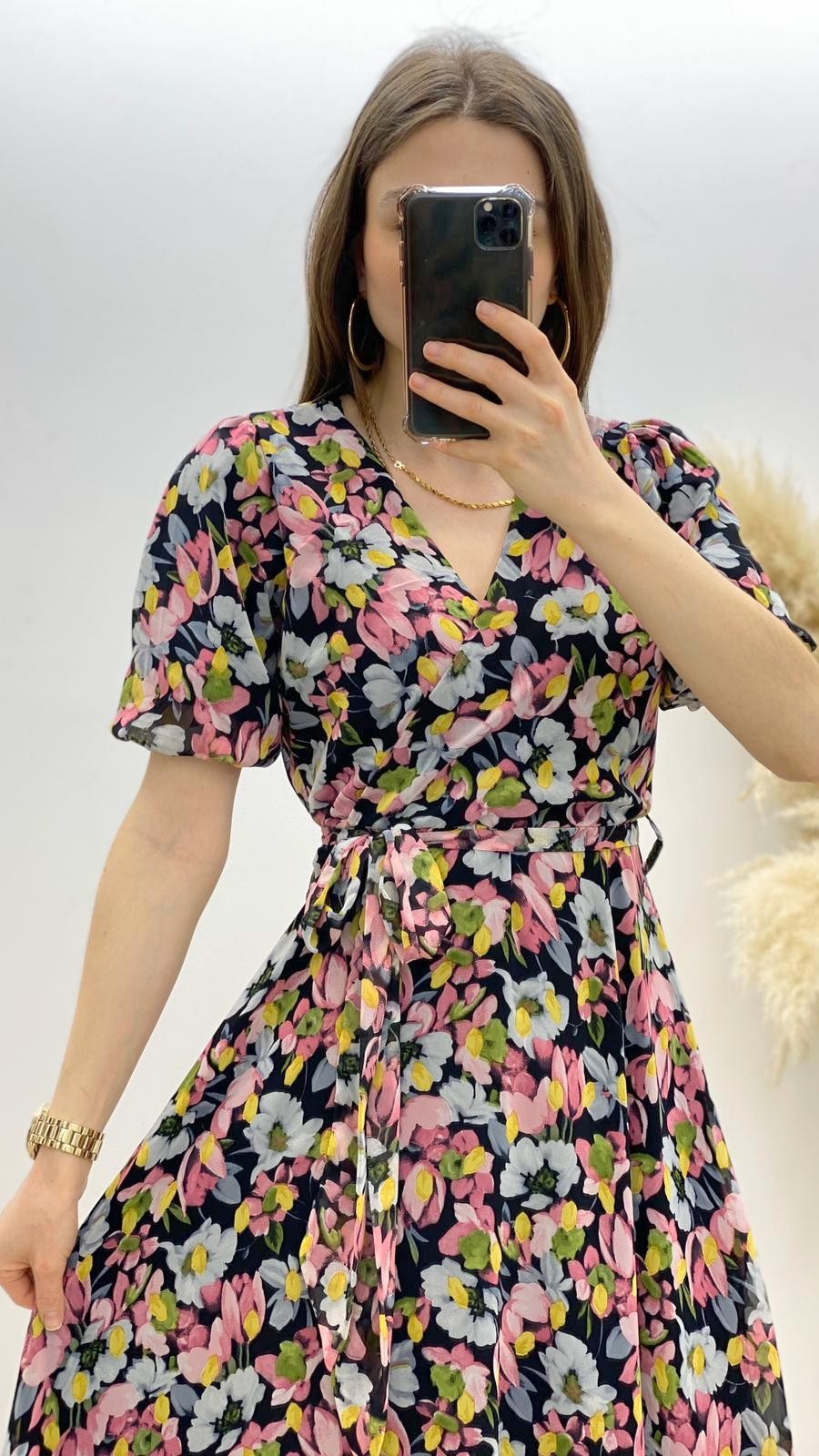 Lale Desenli Şifon Elbise Pembe