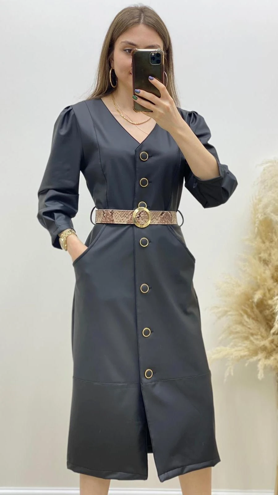 Düğmeli Kemerli Deri Elbise Siyah