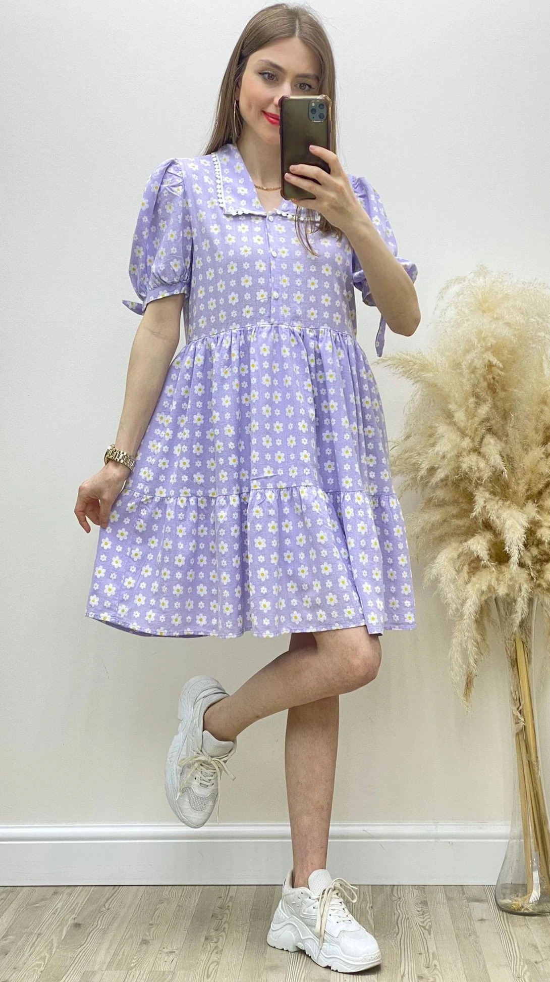 Yakalı Papatya Desen Elbise Lila