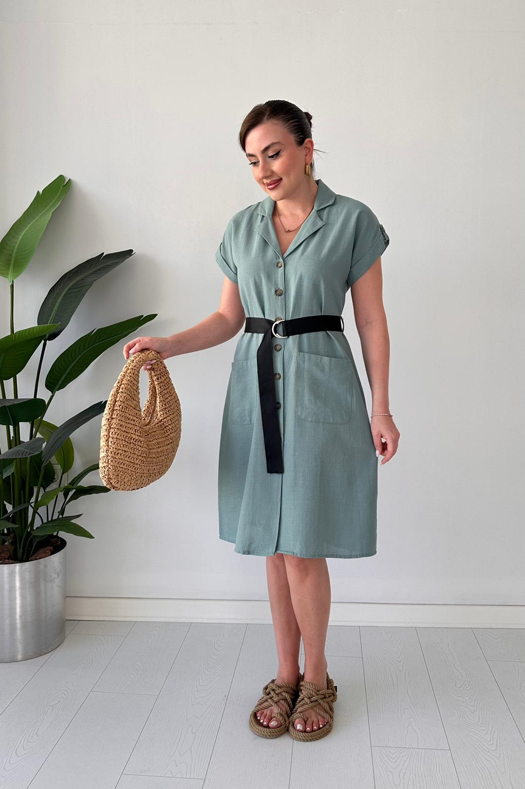 Siyah Kemerli Gömlek Elbise - Mint