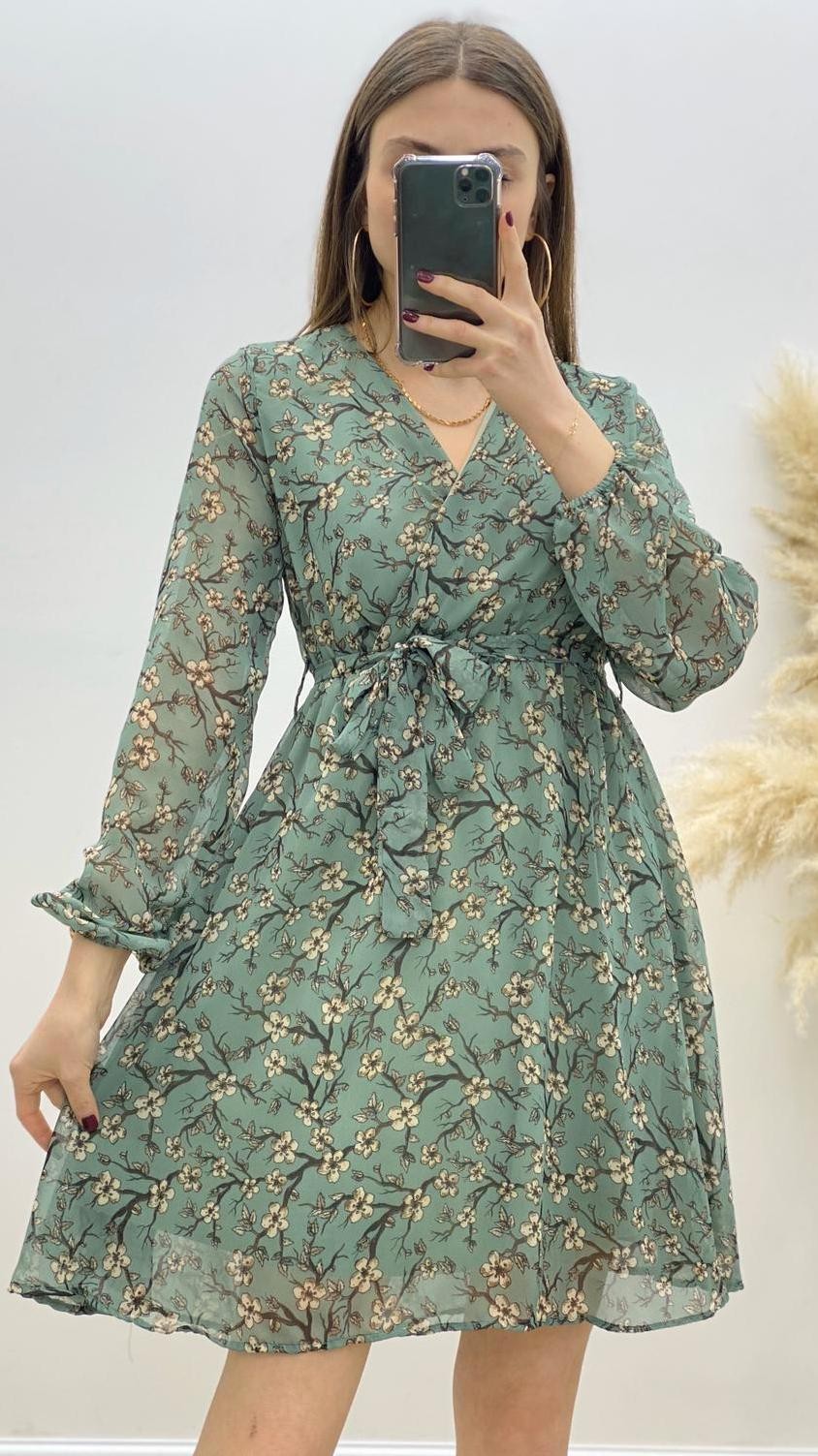 Dal Desen Çiçekli Şifon Elbise Mint