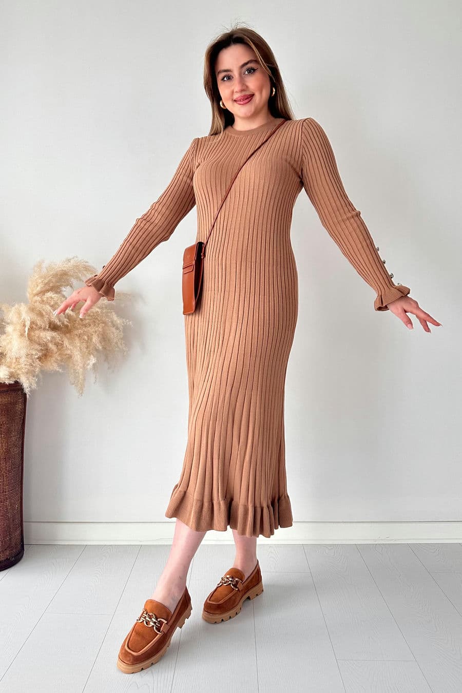 Midi Boy Kloş Triko Elbise