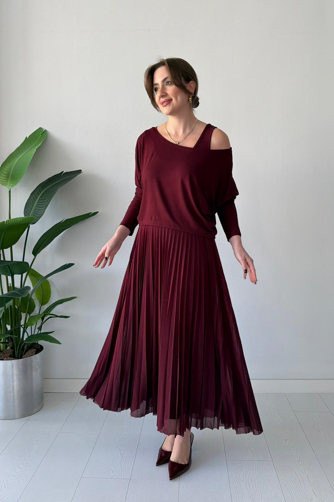 Bluz Detaylı Eteği Pileli Elbise - Bordo