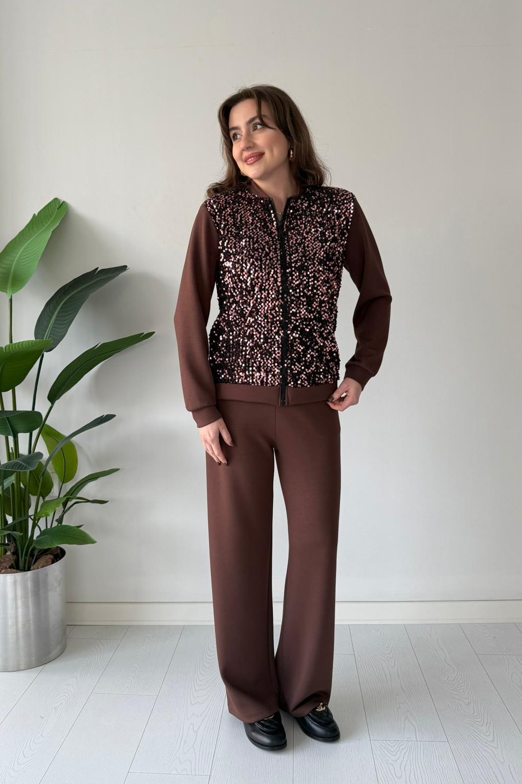 Ceketi Payetli İkili Takım - Kahve